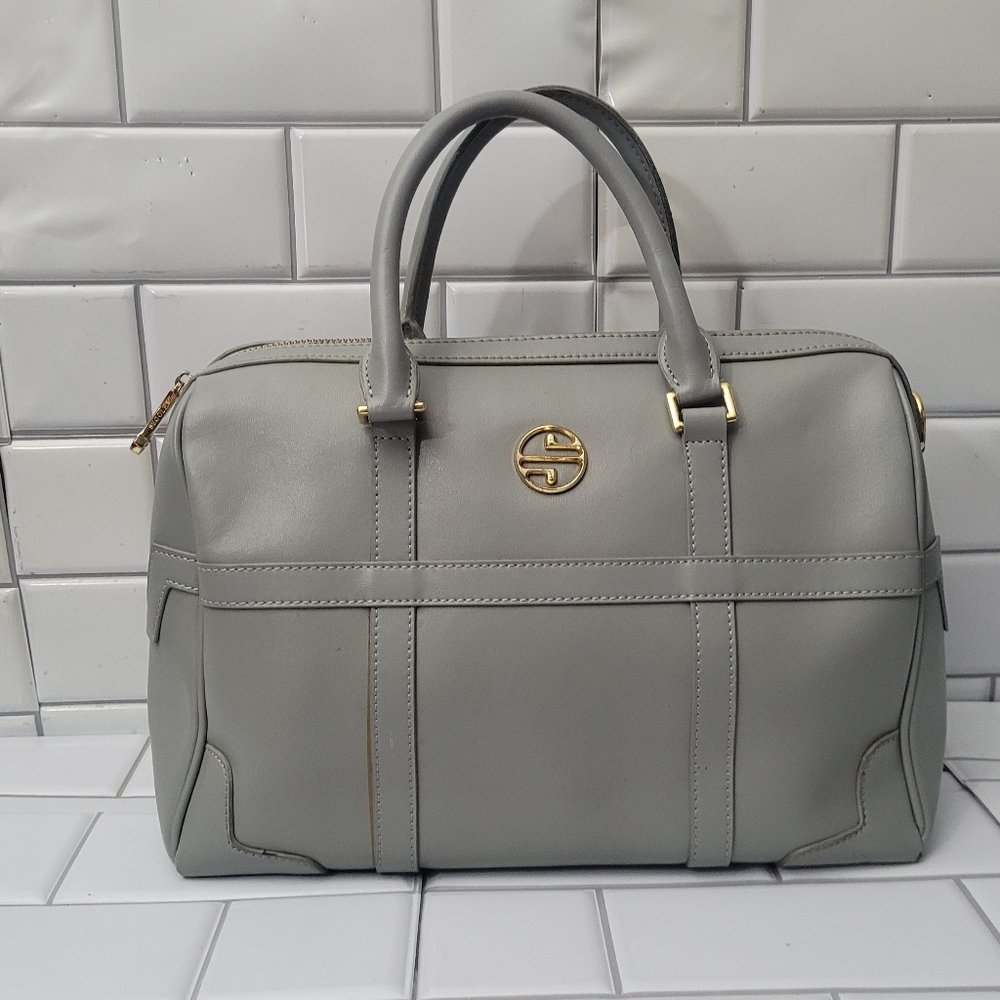 Segolene En Cuir Soft Gray Leather Medium Size Satchel Gold Hardware Rear Extern